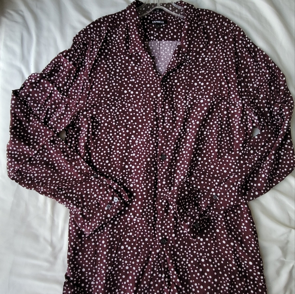 Express Medium button down eggplant, maroon, long sleeves, polka dots